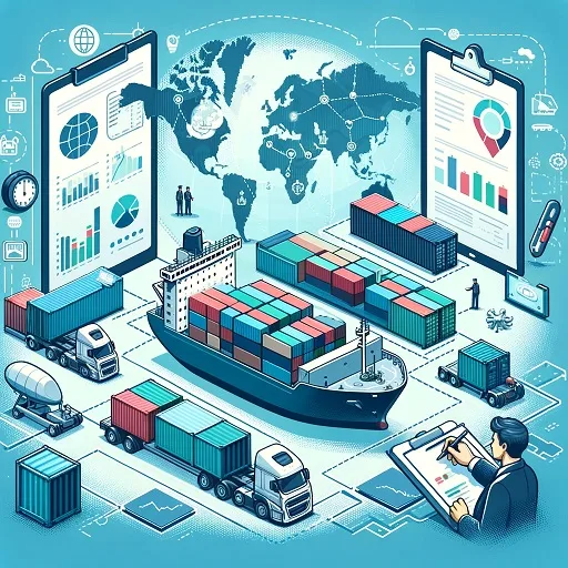 Gestión de contenedores marítimos con diferentes tipos de contenedores, un barco de carga, y un mapa de rutas de envío globales