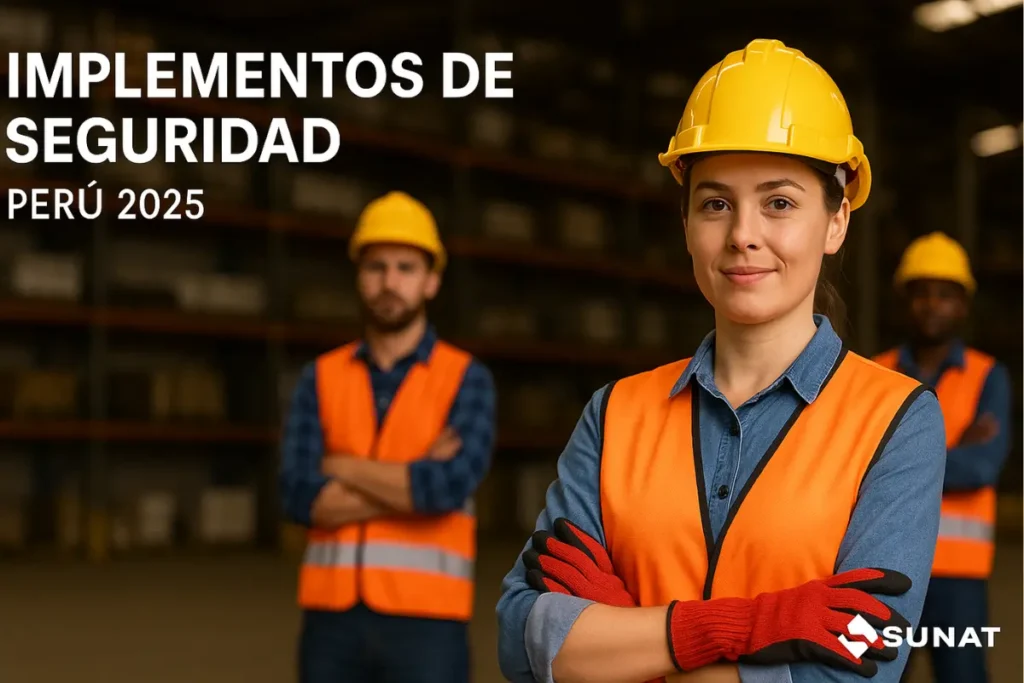 Importación de implementos de seguridad en Perú - Mayo 2025 Trabajadores con implementos de seguridad como casco, guantes y chaleco en almacén industrial - Perú 2025